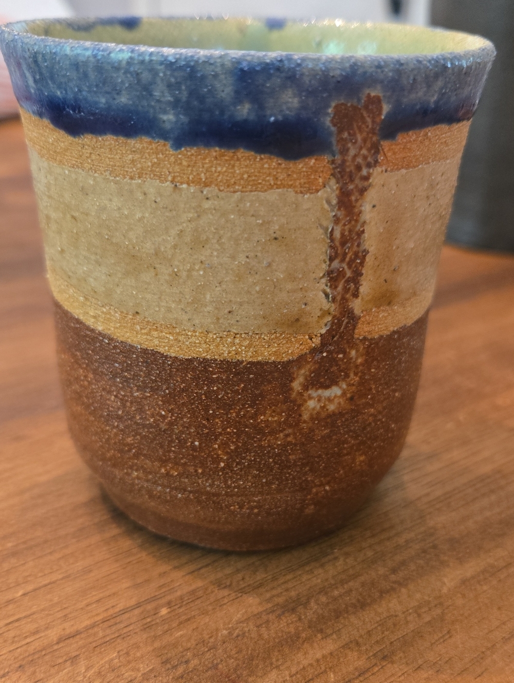 JJs, Pottery 2016 Handmade Ceramic Tumbler with Blue Rim and Earthy Bands